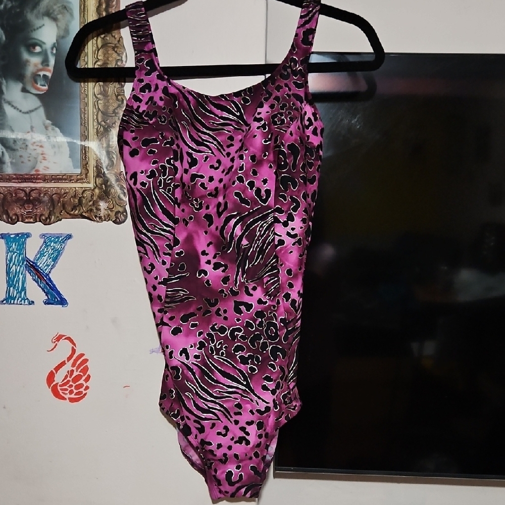 Pink and Black Tropical Print One Piece Swimsuit Or Bodysuit